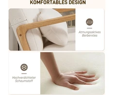 HOMCOM supamoji kėdė su kojų atrama, fotelis su vilnos danga, porankiais, aukštu atlošu, medinėmis kojomis, paminkštintas, poilsio kėdė, maitinimo kėdė svetainei, miegamajam, balta