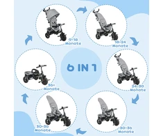 HOMCOM 6-in-1 triratis su stumiamąja rankena, vaikiškas triratis su nuimamu stogeliu nuo saulės, pagalvėle, stumdukas su 5 taškų saugos diržais, krepšeliu, puodelių laikikliu, skirtas 1-5 metų vaikams, pilkas