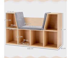 HOMCOM Vaikiška lentyna / knygų lentyna su sėdyne, 6 skyriais ir žaislų dėže, 3 pagalvėlės, nuo 3 metų, pilka + natūrali, 103 x 30 x 62 cm