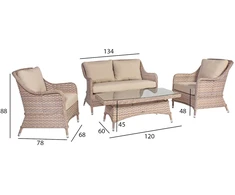 Lauko baldų komplektas Home4You Sodo baldų komplektas EDEN, stalas, sofa ir 2 foteliai, rėmas: aliumininis su plastikinių vytelių apdaila, spalva: smėlio