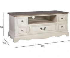 TV staliukas Home4You Televizoriaus staliukas SAMIRA NEW, su 5 stalčiais, 117x53x50 cm, stalviršis: MDF plokštė, rėmas ir kojos: uosis, spalva: sendinta balta