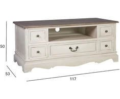 TV staliukas Home4You Televizoriaus staliukas SAMIRA NEW, su 5 stalčiais, 117x53x50 cm, stalviršis: MDF plokštė, rėmas ir kojos: uosis, spalva: sendinta balta