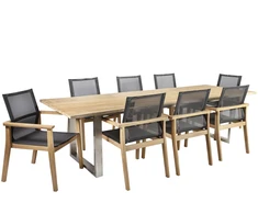 Lauko baldų komplektas Home4You Valgomojo baldų komplektas NAUTICA su 8 kėdėmis (13259) 280x100xH76 cm, stalviršis: tikmedis, nerūdijančio plieno kojos