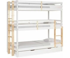 Homestyle4U Trivietė dviaukštė lova, 203x205x103 cm, balta, ruda