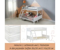 Homestyle4U Dviaukštė lova, 207x146.5x139 cm, balta