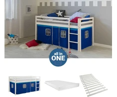 Homestyle4U Loft lova, 207.5x110x96.5 cm, balta ir mėlyna