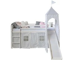 Homestyle4U Vaikiška aukšta lova su čiuožykla ir bokštu, 207,5x228x219,5 cm, balta