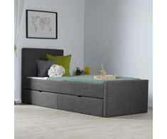 Homestyle4U Lova, Paminkštinta viengulė lova su galvūgaliu ir 2 stalčiais, 95x214x103 cm, Pilka