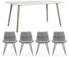 Homestyle4U Valgomojo stalo komplektas, išskleidžiamas valgomojo stalas su 4 aptrauktomis kėdėmis, 160x90x75 cm, balta, pilka