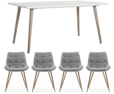 Homestyle4U Valgomojo stalo komplektas, išskleidžiamas valgomojo stalas su 4 aptrauktomis kėdėmis, 160x90x75 cm, balta, pilka