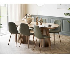 House Nordic Valgomojo komplektas, valgomojo stalas ir 6 kėdės, ąžuolas, tamsiai žalia, ąžuolo faneruotė