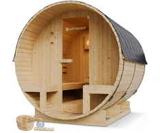 Juskys Barrel pirtis Spitzbergen 220 cm natūrali/antracito spalvos su dviem suolais ir 8 kW pirties krosnele