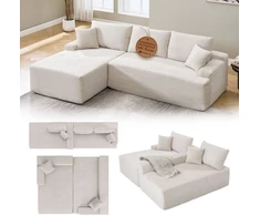 Juskys Kampinė sofa Coredo su pufu kairėje, smėlio spalvos