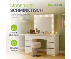Juskys Kosmetinis staliukas Talea su LED ir taburetė Tonia 110x40x141 cm balta
