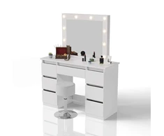 Juskys Kosmetinis staliukas Talea su LED ir taburetė Tonia 110x40x141 cm balta