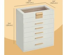 SONGMICS 6 lygių papuošalų dėžutė, papuošalų dėžutė su 5 stalčiais, stiklinis dangtis