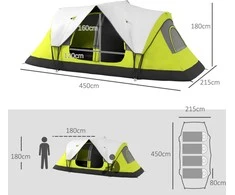 "Outsunny" kempingo palapinė, tunelinė palapinė 8 žmonėms, su šviesos kabliukais, tinkliniu langu, 2 kambarių vėjo nepraleidžianti šeimyninė palapinė su krepšiu, 2000 mm vandenį atstumianti grupinė palapinė kempingui, sodui, žalia