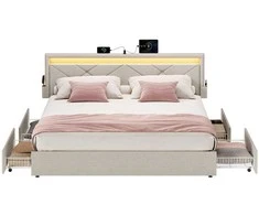 Songmics Metalinė lova su LED apšvietimu ir stalčiais 210,2 x 169 cm