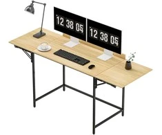 HOMCOM Sulankstomas kompiuterio stalelis su 2 ištraukiamomis plokštėmis, daug vietos monitoriams, metalinės kojos, tvirta konstrukcija, ąžuolas+juoda