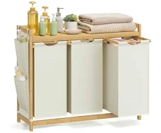 Songmics Skalbinių krepšelis 3 skyriai 3 x 50 L 94 x 33 x 78 cm kreminės baltos spalvos