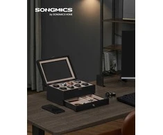 Songmics Laikrodžių dėžutė su 8 skyriais, pagaminta iš juodos spalvos medžio masyvo