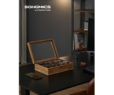 Songmics Laikrodžio dėžutė su 10 skyrių pagaminta iš medžio masyvo, riešuto spalvos