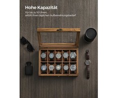Songmics Laikrodžio dėžutė su 10 skyrių pagaminta iš medžio masyvo, riešuto spalvos
