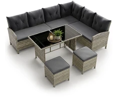 Lauko baldų komplektas Juskys Sodo poilsio komplektas Manacor sofa/staliukas/2 taburetės Sofa 228x178x80 cm juoda/tamsiai pilka