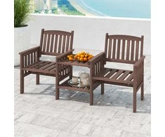 Lauko baldų komplektas Promotions Lauko dvivietė sofa su 2 lygių šoniniu staliuku ir skėčio anga, eglės mediena, 165.1x61x88.9 cm, ruda balta