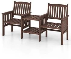 Lauko baldų komplektas Promotions Lauko dvivietė sofa su 2 lygių šoniniu staliuku ir skėčio anga, eglės mediena, 165.1x61x88.9 cm, ruda balta