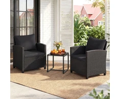 Lauko baldų komplektas Promotions Sodo baldų komplektas 2 kėdės su pagalvėlėmis ir stiklinis stalas 40x40x40 cm juodas rotangas