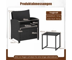 Lauko baldų komplektas Promotions Sodo baldų komplektas 2 kėdės su pagalvėlėmis ir stiklinis stalas 40x40x40 cm juodas rotangas
