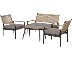 Outsunny sodo baldų komplektas iš poliratano, svetainės komplektas su 2 vietų sofa, foteliu, stikliniu staliuku, pagalvėmis, atsparus oro sąlygoms, sėdimas komplektas 4 asmenims, lauko baldų komplektas balkonui, terasos baldai sodui, balkonui, tamsiai pilka+geltona