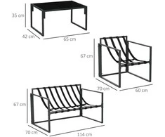 Lauko baldų komplektas "Outsunny" sodo baldų komplektas 4 asmenims su 2 vietų sofa, 2 foteliais ir 1 kavos staliuku 3 pagalvėlės terasai sode - juodas plienas, pilkas poliesteris