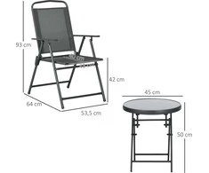 Lauko baldų komplektas "Outsunny" bistro komplektas 3 dalių metalinis oro sąlygoms atsparus sodo baldų komplektas su sulankstomu stikliniu stalu sodo kėdės lauko balkono baldų komplektas sėdimųjų vietų grupė balkono komplektas sodo komplektas tamsiai pilkas