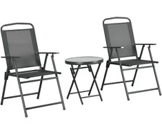 Lauko baldų komplektas "Outsunny" bistro komplektas 3 dalių metalinis oro sąlygoms atsparus sodo baldų komplektas su sulankstomu stikliniu stalu sodo kėdės lauko balkono baldų komplektas sėdimųjų vietų grupė balkono komplektas sodo komplektas tamsiai pilkas