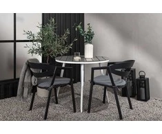 Venture Design Valgomojo komplektas apvalus stalas 90 cm baltas pilkos spalvos valgomojo kėdės juodos pilkos spalvos aliuminis pagalvėlė