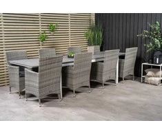 Lauko baldų komplektas Venture Design Valgomojo komplektas Levels stalas 229x310 cm baltas pilkas Aintwood pluoštas putos poliesteris pintas rotangas