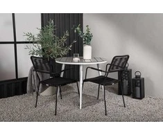 Venture Design Valgomojo komplektas apvalus stalas 90 cm baltas pilkas 2 foteliai juodi aliuminio virvė