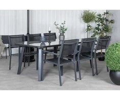 Venture Design Valgomojo stalas ir sulankstomos kėdės komplektas 200x100 cm, juodas plienas, pintas rotangas