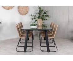 Lauko baldų komplektas Venture Design Valgomojo stalas ir kėdžių komplektas Paola ir Lindos 200x100 cm juodas stiklas plienas pintas rotangas