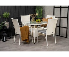 Lauko baldų komplektas Venture Design Valgomojo stalas ir fotelio komplektas Volta 90 cm baltas stiklas rotangas plienas pintas