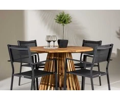 Lauko baldų komplektas Venture Design Valgomojo komplektas Lumpur apvalus valgomojo stalas 110x75 cm juodos spalvos akacijos mediena
