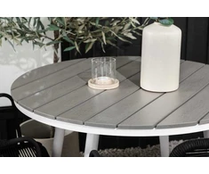Venture Design Valgomojo komplektas apvalus stalas 90 cm baltas pilkas 2 foteliai juodi aliuminio virvė