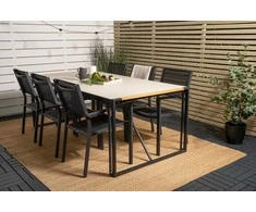 Lauko baldų komplektas Venture Design Valgomojo stalas Texas 200x100 cm Juodas stiklas Teko Pilkas fotelio komplektas