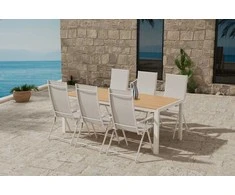 Lauko baldų komplektas Venture Design Valgomojo komplektas Break stalas su 6 Levanzo kėdėmis 205x90 cm, smėlio spalvos plienas