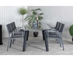 Venture Design Valgomojo stalas ir sulankstomos kėdės komplektas 200x100 cm, juodas plienas, pintas rotangas