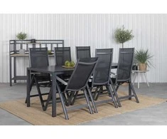 Lauko baldų komplektas Venture Design Valgomojo stalas ir sulankstomos kėdės rinkinys 205x90 cm, juodas Textilene ir tikmedis