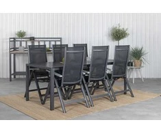 Lauko baldų komplektas Venture Design Valgomojo stalas ir sulankstomos kėdės rinkinys 205x90 cm, juodas Textilene ir tikmedis