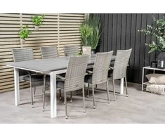 Lauko baldų komplektas Venture Design Valgomojo komplektas Levels stalas Anna kėdė balta pilka Aintwood rotangas plienas